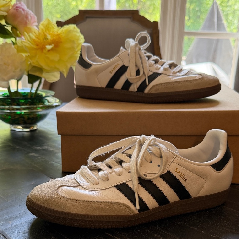 adidas Samba Sneakers in White, Black and Brown Gum Sole
